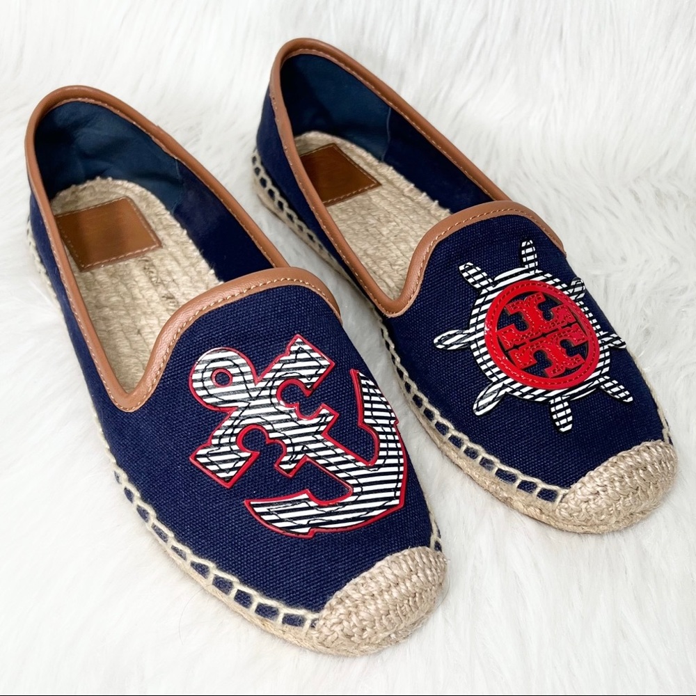 SOLD-Tory Burch Nautical Anchor & Logo Flat Slip On Navy Blue Canvas Espadrilles - Picture 1 of 10